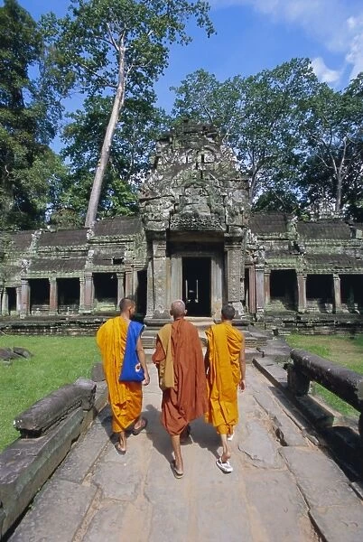 Buddhist monks walking towards Ta Prohm temple, Angkor, UNESCO World Heritage Site