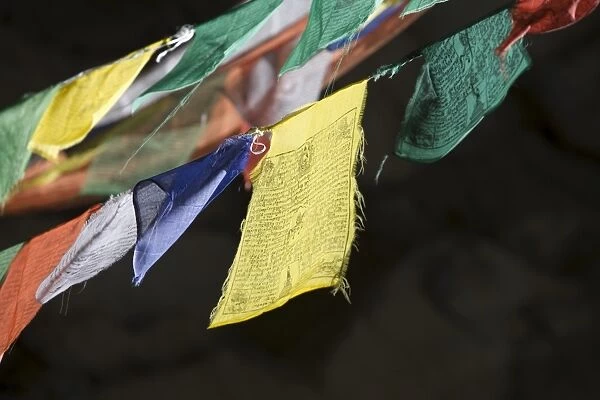 Buddhist prayer flags, Taktshang Goemba Monastery, Paro, Bhutan, Asia