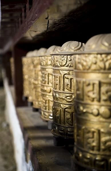 Buddhist prayer wheels, Namche Gompa (Monastery), Namche Bazaar, Solu Khumbu Region, Nepal, Himalayas, Asia