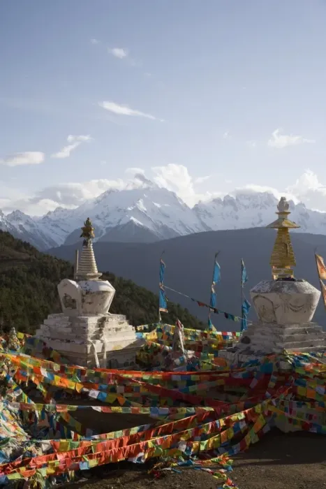 Framed Print : Buddhist stupas on way to Deqin, on the Tibetan Border, with the Meili Snow Mountain peak in the background, Dequin, Shangri-La region, Yunnan Province Framed Print : Buddhist stupas on way to Deqin, on the Tibetan Border, with the Meili Snow Mountain peak in the background, Dequin, Shangri-La region, Yunnan Province