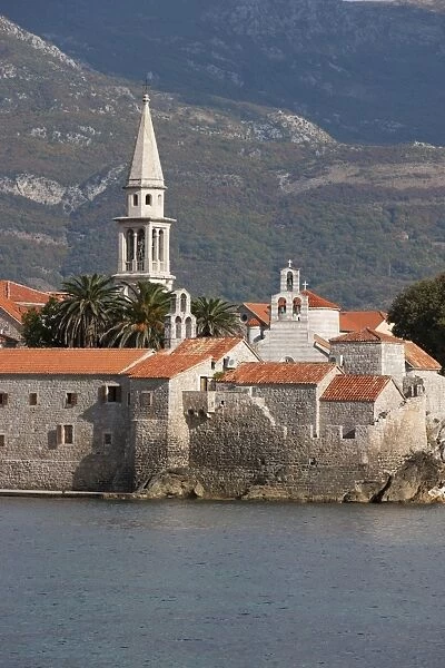 Budva fortified old town on the Adriatic coast with the tower of St. Johns Church