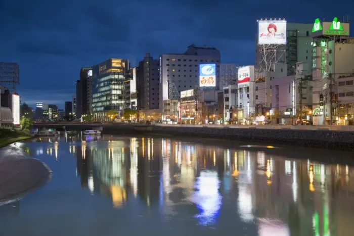 Framed Print : Buildings along Hakata River at dusk, Fukuoka, Kyushu, Japan, Asia Framed Print : Buildings along Hakata River at dusk, Fukuoka, Kyushu, Japan, Asia