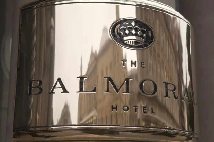 Framed Print : Buildings reflected in the Balmoral Hotels name plate, Princes Street Framed Print : Buildings reflected in the Balmoral Hotels name plate, Princes Street