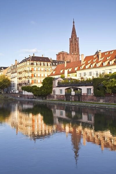 Buildings reflected in the River Ill, Strasbourg, Bas-Rhin, Alsace, France, Europe