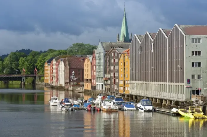 Framed Print : Buildings along the River Nid in Trondheim, Norway, Scandinavia, Europe