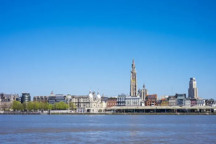 Framed Print : Buildings and skyline of historic center from the left bank of the Scheldt River Framed Print : Buildings and skyline of historic center from the left bank of the Scheldt River