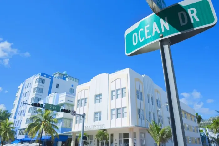 Framed Print : Buildings and street sign on Ocean Drive, Art Deco District, South Beach Framed Print : Buildings and street sign on Ocean Drive, Art Deco District, South Beach