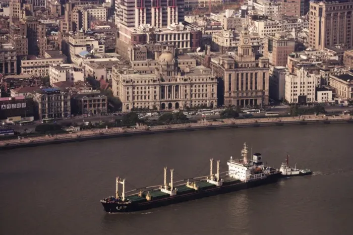 Framed Print : Bund and cargo ship on the Huangpu River, Shanghai, China, Asia Framed Print : Bund and cargo ship on the Huangpu River, Shanghai, China, Asia