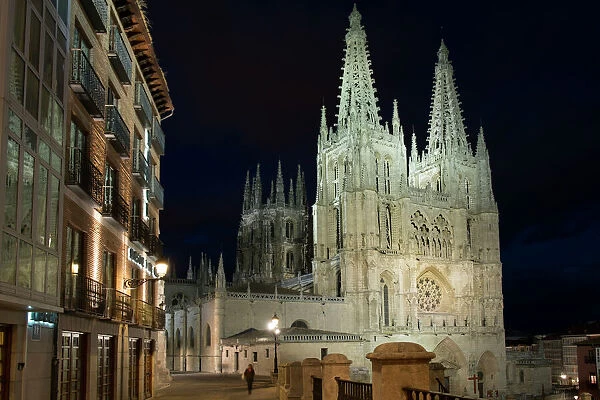 Burgos Cathedral at night, UNESCO World Heritage Site, Burgos, Castile and Leon, Spain