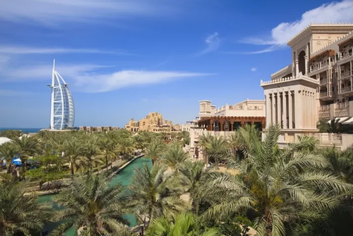 Framed Print : Burj Al Arab and Madinat Jumeirah in foreground, the iconic Burj Al Arab is the Worlds tallest hotel at 321 metres, Jumeirah, Dubai, United Arab Emirates