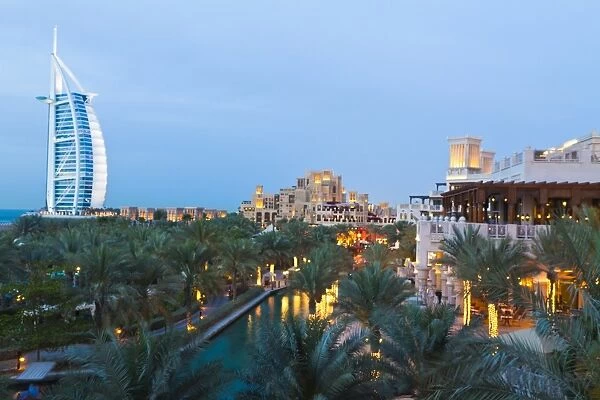 Burj Al Arab and Madinat Jumeirah Hotels at dusk, Dubai, United Arab Emirates