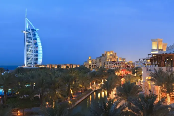 Framed Print : Burj Al Arab viewed from the Madinat Jumeirah Hotel at dusk, Jumeirah Beach