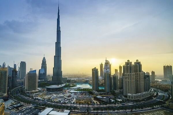 Burj Khalifa and Downtown Dubai at sunset, Dubai, United Arab Emirates, Middle East