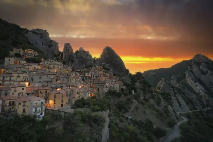 Framed Print : Burning sky at sunrise over the old houses of Castelmezzano and Dolomiti Lucane mountains Framed Print : Burning sky at sunrise over the old houses of Castelmezzano and Dolomiti Lucane mountains