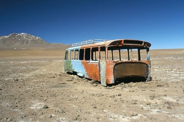 Bus wreck, near Chilean border, Salar de Uyuni, Bolivia, South America