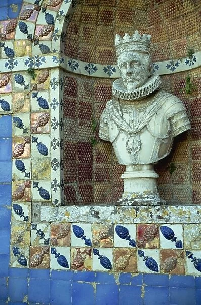 Bust of King Sebastian in tiled niche on the Kings Promenade of the great water tank on the balustraded terrace of the 17th century Frontera Palace, Lisbon