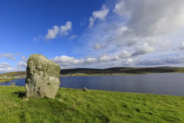 Framed Print : Busta Brae, Standing Stone, cloudscape and coastal views, beautiful day, Busta Voe Framed Print : Busta Brae, Standing Stone, cloudscape and coastal views, beautiful day, Busta Voe