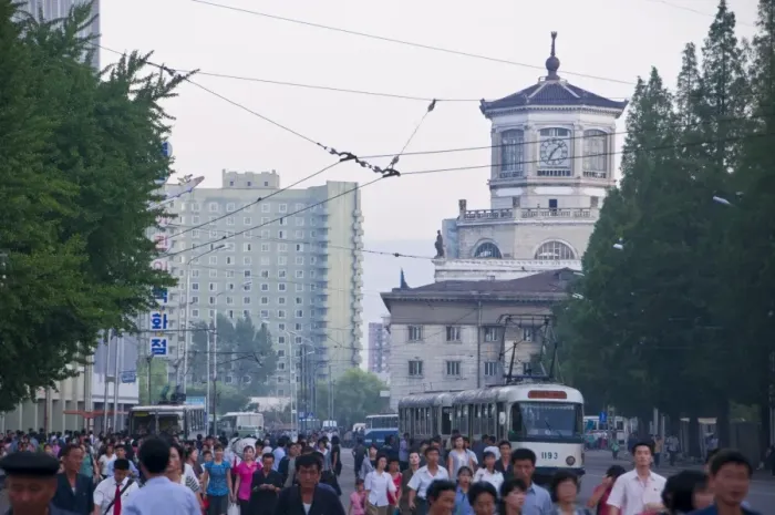 Framed Print : Busy street in front of the Pyongyang railway station, Pyongyang, North Korea, Asia Framed Print : Busy street in front of the Pyongyang railway station, Pyongyang, North Korea, Asia