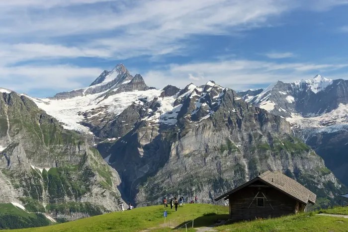 Framed Print : Cabin on First mountain with Shreckhorn mountain in the background, First, Jungfrau Region, Bernese Oberland, Switzerland Framed Print : Cabin on First mountain with Shreckhorn mountain in the background, First, Jungfrau Region, Bernese Oberland, Switzerland