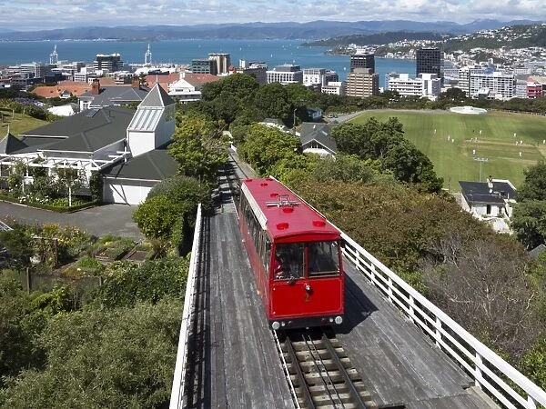 Cable car and view over Wellington city and harbour, North Island, New Zealand, Pacific