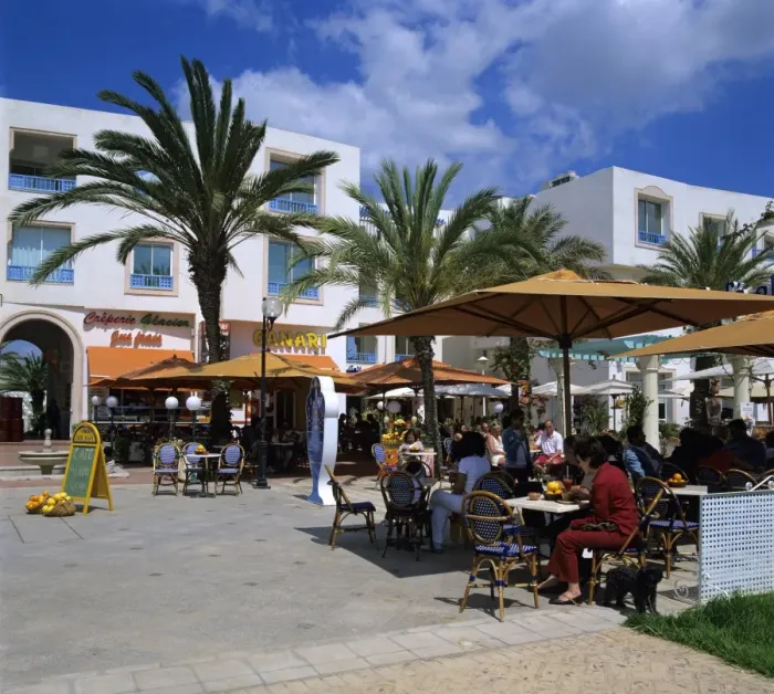 Framed Print : Cafe scene at the marina, Yasmine Hammamet, Cap Bon, Tunisia, North Africa, Africa