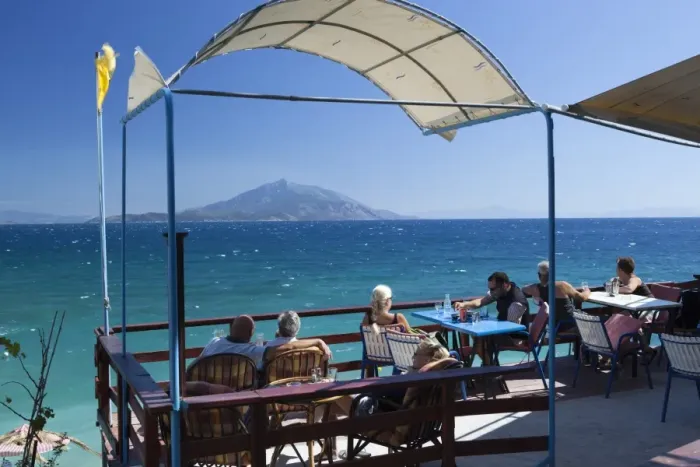 Framed Print : Cafe by sea, Pappa Beach, Ireon, Samos, Aegean Islands, Greece Framed Print : Cafe by sea, Pappa Beach, Ireon, Samos, Aegean Islands, Greece