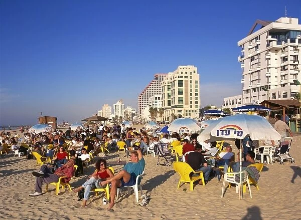 Cafe terrace on the beach, Tel Aviv, Israel, Middle East