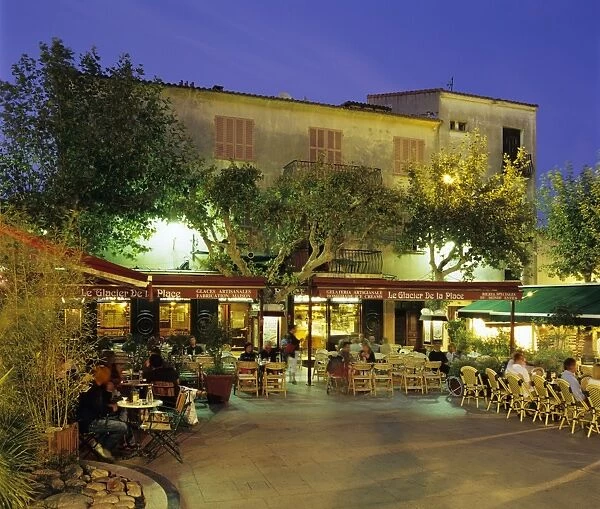Cafes in main square of old town, Porto Vecchio, Corsica, France, Europe
