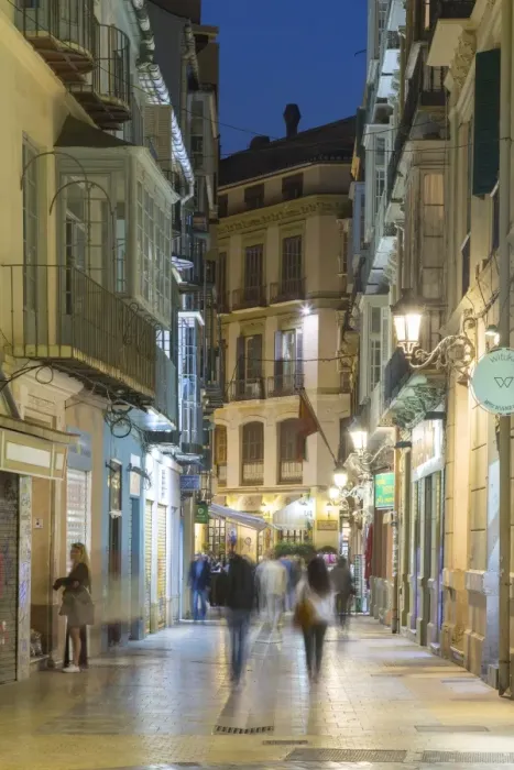 Framed Print : Cafes and restaurants on Calle Granada at dusk, Malaga, Costa del Sol, Andalusia Framed Print : Cafes and restaurants on Calle Granada at dusk, Malaga, Costa del Sol, Andalusia
