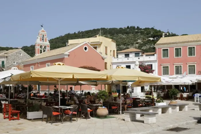 Framed Print : Cafes and restaurants in main square of Gaios town, Paxos, Ionian Islands, Greek Islands
