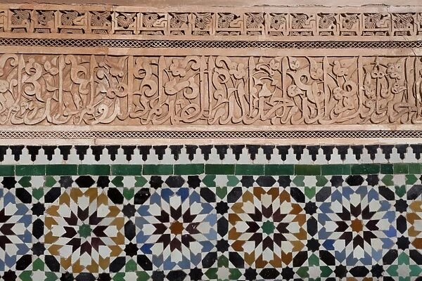 Calligraphy and zellige in the patio of the Medersa Ben Yousef, built in 1570