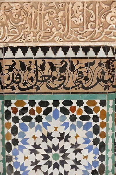 Detail of calligraphy and zellij in the patio, Ben Youssef Meders