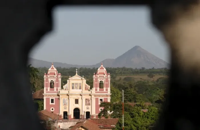 Framed Print : Calvario church and volcano, Leon, Nicaragua, Central America Framed Print : Calvario church and volcano, Leon, Nicaragua, Central America