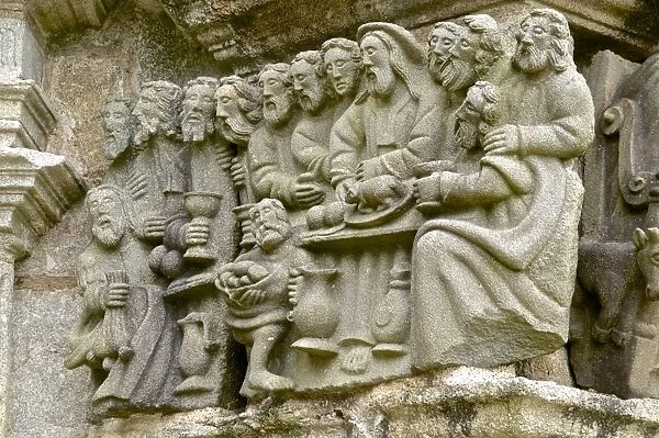 Calvary dating from between 1581 and 1588 ), detail depciting the Last Supper, Guimiliau parish enclosure, Finistere, Brittany, France, Europe