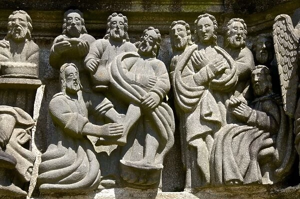 Calvary dating from between 1581 and 1588, detail showing washing of feet, Guimiliau parish enclosure, Finistere, Brittany, France, Europe