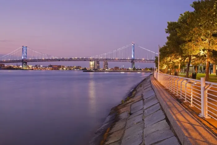 Framed Print : Camden Waterfront and Ben Franklin Bridge, City of Camden, New Jersey, United States of America