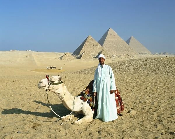 Camel and owner at Giza Pyramids, Giza, Cairo, Egypt, North Africa, Africa