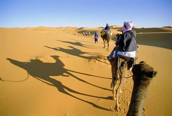 Camel trek in Sahara dunes near Merzouga