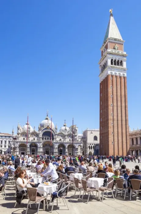 Framed Print : Campanile, Basilica di San Marco, Piazza San Marco, tourists and the cafes of St Framed Print : Campanile, Basilica di San Marco, Piazza San Marco, tourists and the cafes of St