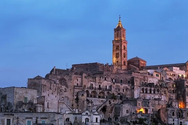 The Campanile and Cathedral at night in the Sassi area of Matera, Basilicata, Italy, Europe