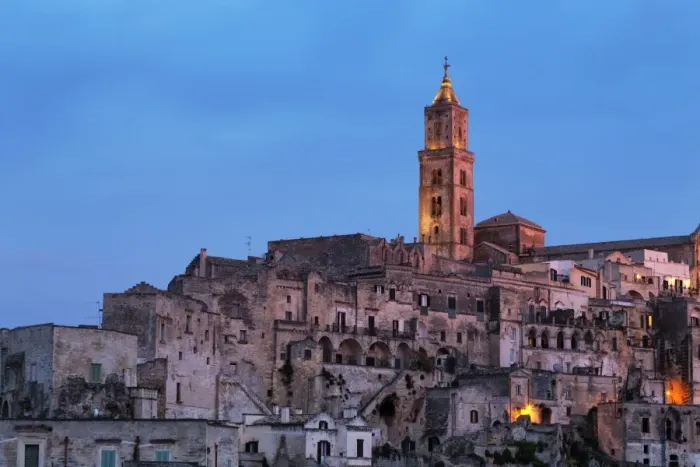 Framed Print : The Campanile and Cathedral at night in the Sassi area of Matera, Basilicata, Italy, Europe