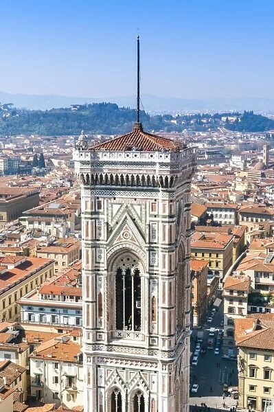 Campanile of Giotto and city view from the top of the Duomo, Florence (Firenze), UNESCO World Heritage Site, Tuscany, Italy, Europe