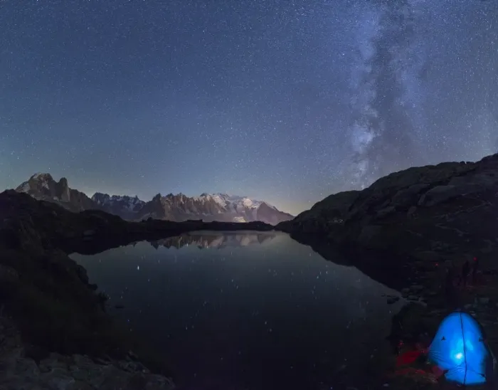 Framed Print : Camping under the stars at Lac des Cheserys, with the range of Mont Blanc in the background Framed Print : Camping under the stars at Lac des Cheserys, with the range of Mont Blanc in the background