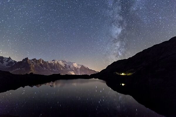 Camping under the stars at Lac des Cheserys, Mont Blanc in centre, Europes highest peak