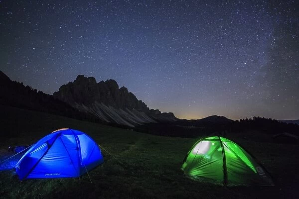 Camping under the stars, Malga Zannes, Funes Valley, South Tyrol, Dolomites, Italy
