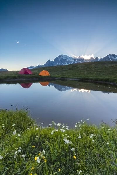 Camping tents in the green meadows surrounded by flowers and alpine lake, Mont De La Saxe