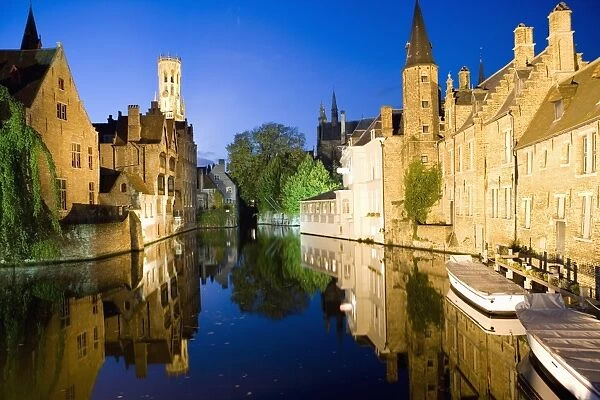 Canal and Belfry Tower in the evening, UNESCO World Heritage Site, Bruges