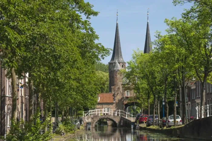 Framed Print : Canal scene with bridge, Delft, Holland, Europe
