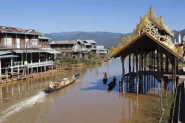 Canal-side village, Inle Lake, Shan State, Myanmar (Burma), Asia