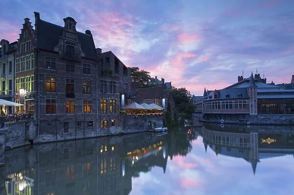 Canalside cafes on Leie Canal at sunset, Ghent, Flanders, Belgium, Europe